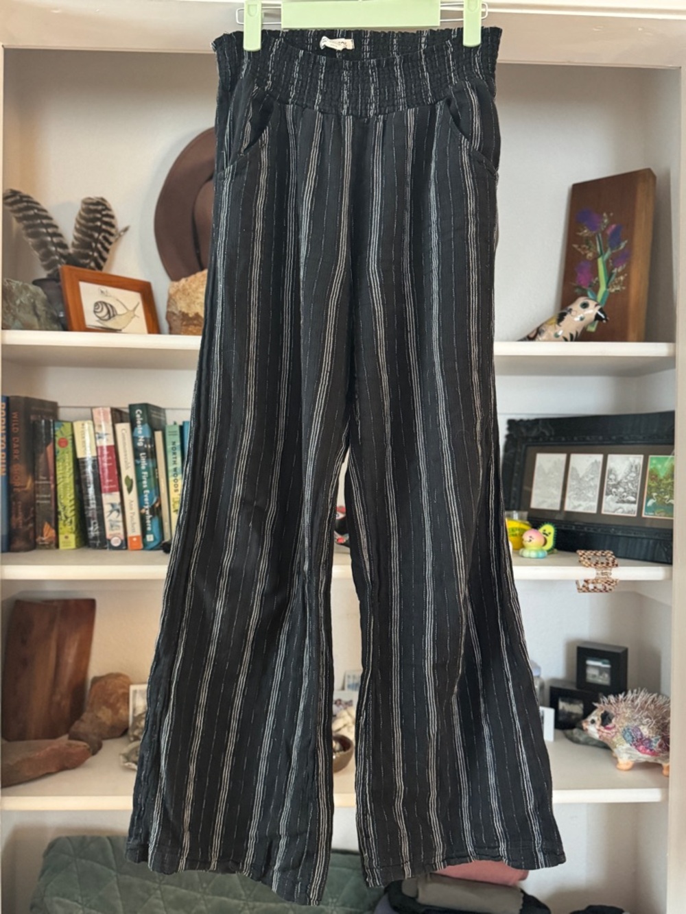 Billabong Wide-Leg Black Striped Smocked-Waist Beachy Pants - Size Medium
